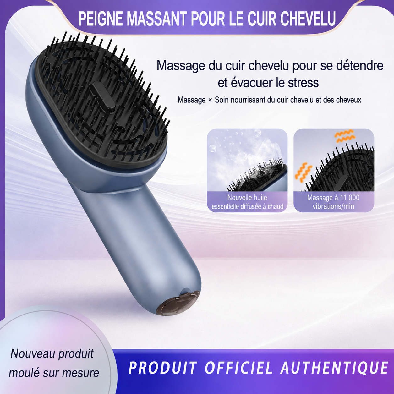 Brosse de massage vibrante, chauffante, utilisable avec huiles adaptées (non fournies)