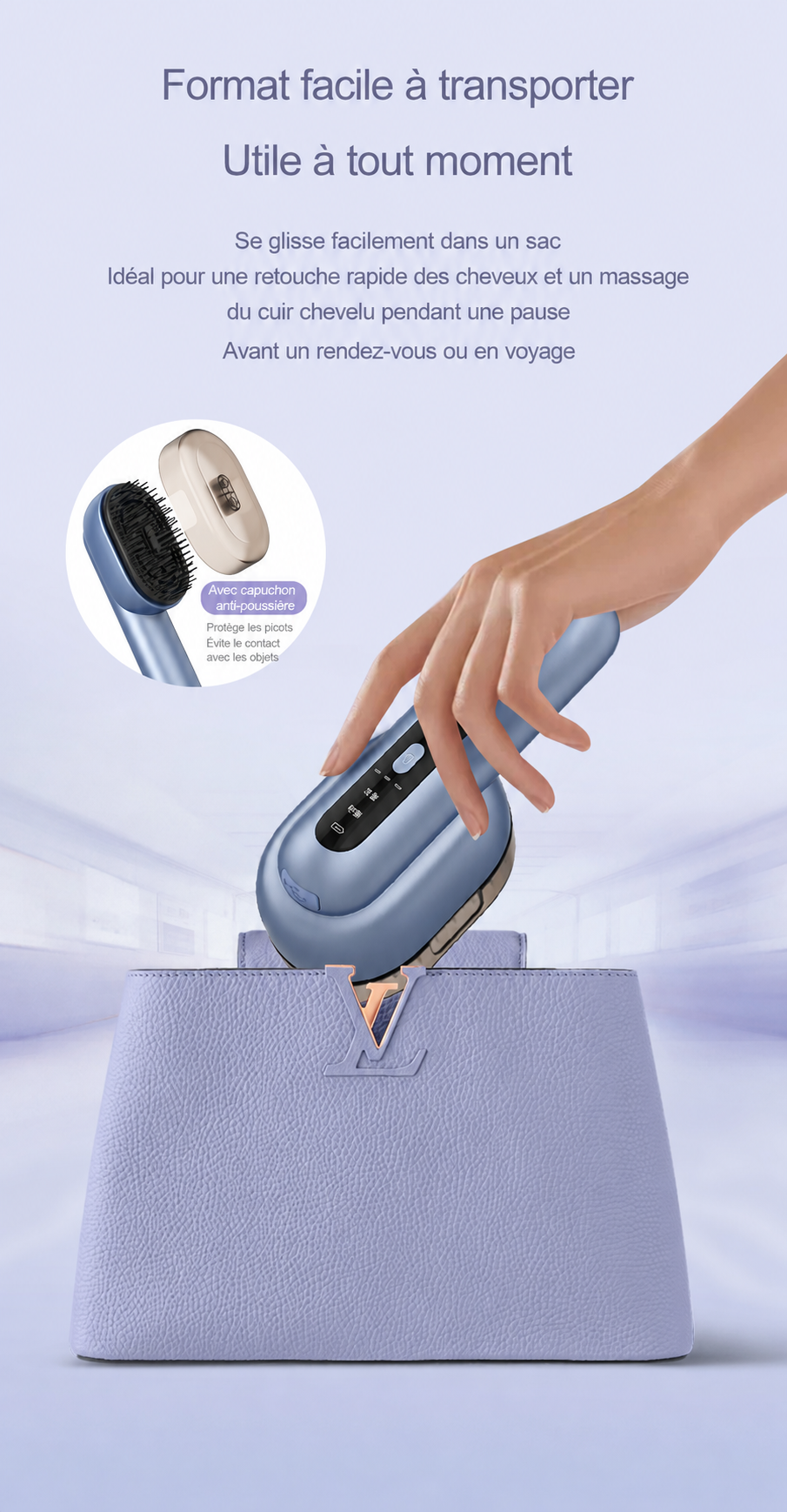 Brosse de massage vibrante, chauffante, utilisable avec huiles adaptées (non fournies)